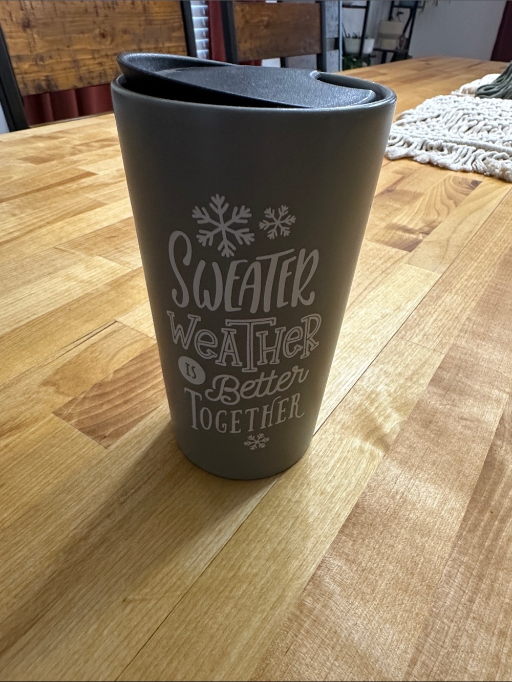 Gray Travel Tumbler with 'Sweater Weather' Script